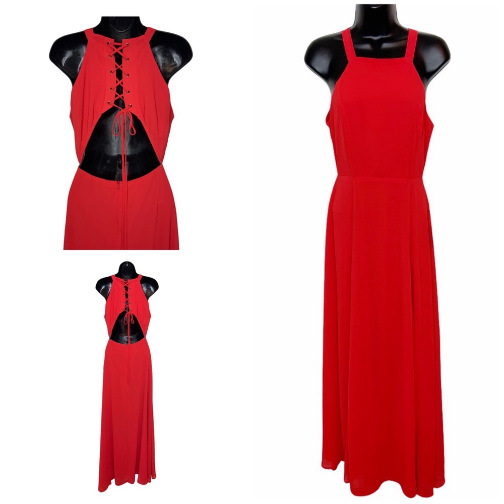 NWT Lulus Red Maxi Open Back Side Slit Dress Sz M